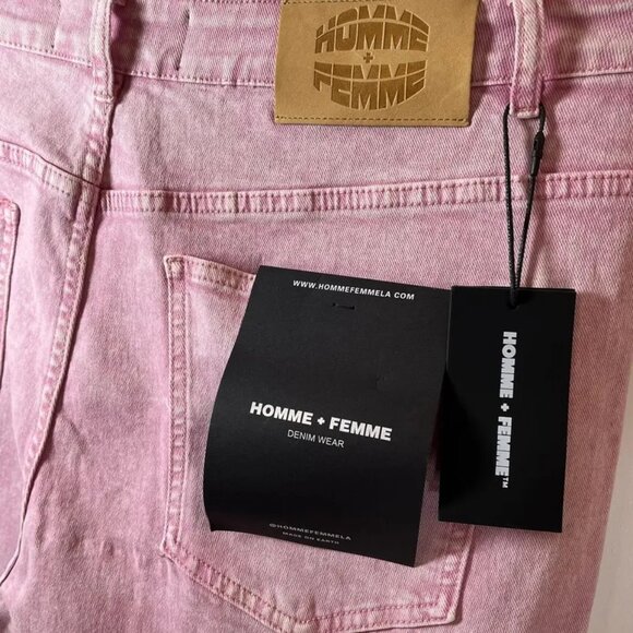 HOMME + FEMME LA  distressed flare cargo jeans w/straps washed LIGHT PINK - Picture 7 of 9